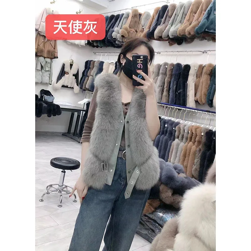 Whole Skin Fox Fur Grass Vest Women's  New Haining Short True Cotton Sheepskin Tank Top Slim Fit and Slim Coat 2024