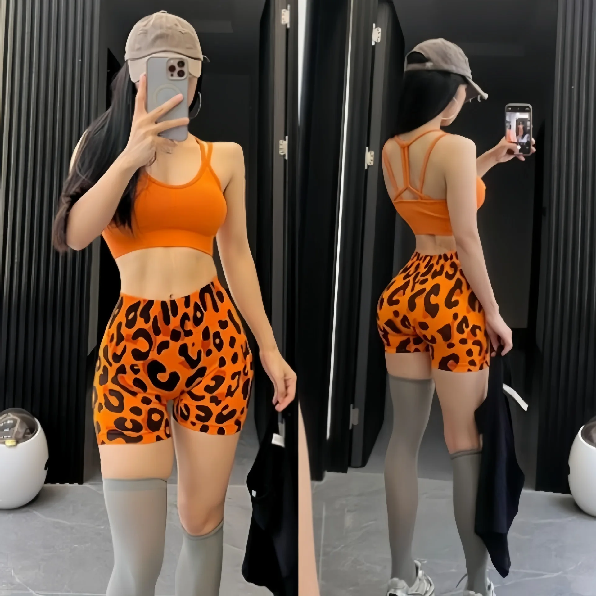 Leopard Print Workout Two-Piece Set - Slim Straps Open Back Bra, Peach Butt Lift 3-Inch Shorts for Women