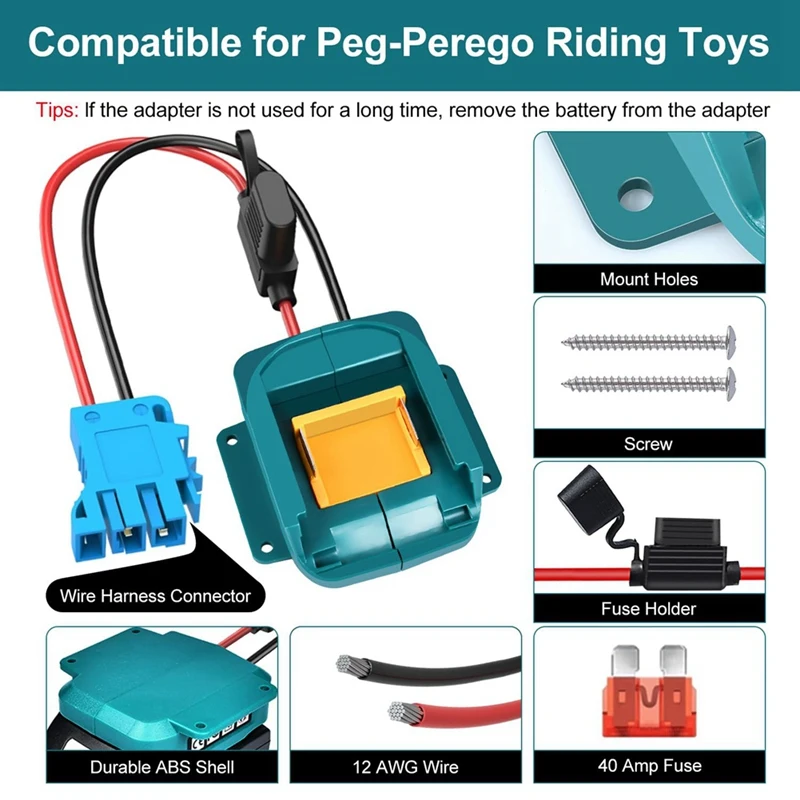 Power Wheel Adapter For Makita 18V LXT Battery With Wire Harness Connector & Fuse For Peg-Perego 12 Volt Power Wheel