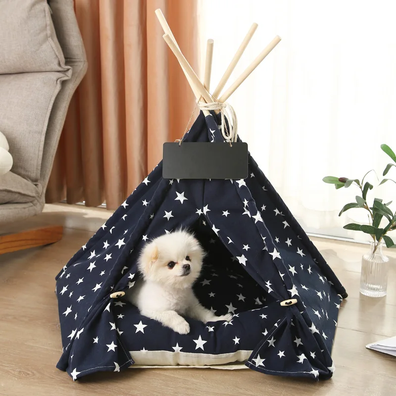 Pet Teepee Cat Tent Dog House Bed Canvas Dogs Tents Kennel with Thick Cushion Blackboard Indoor Modern Houses for Puppy Kitten