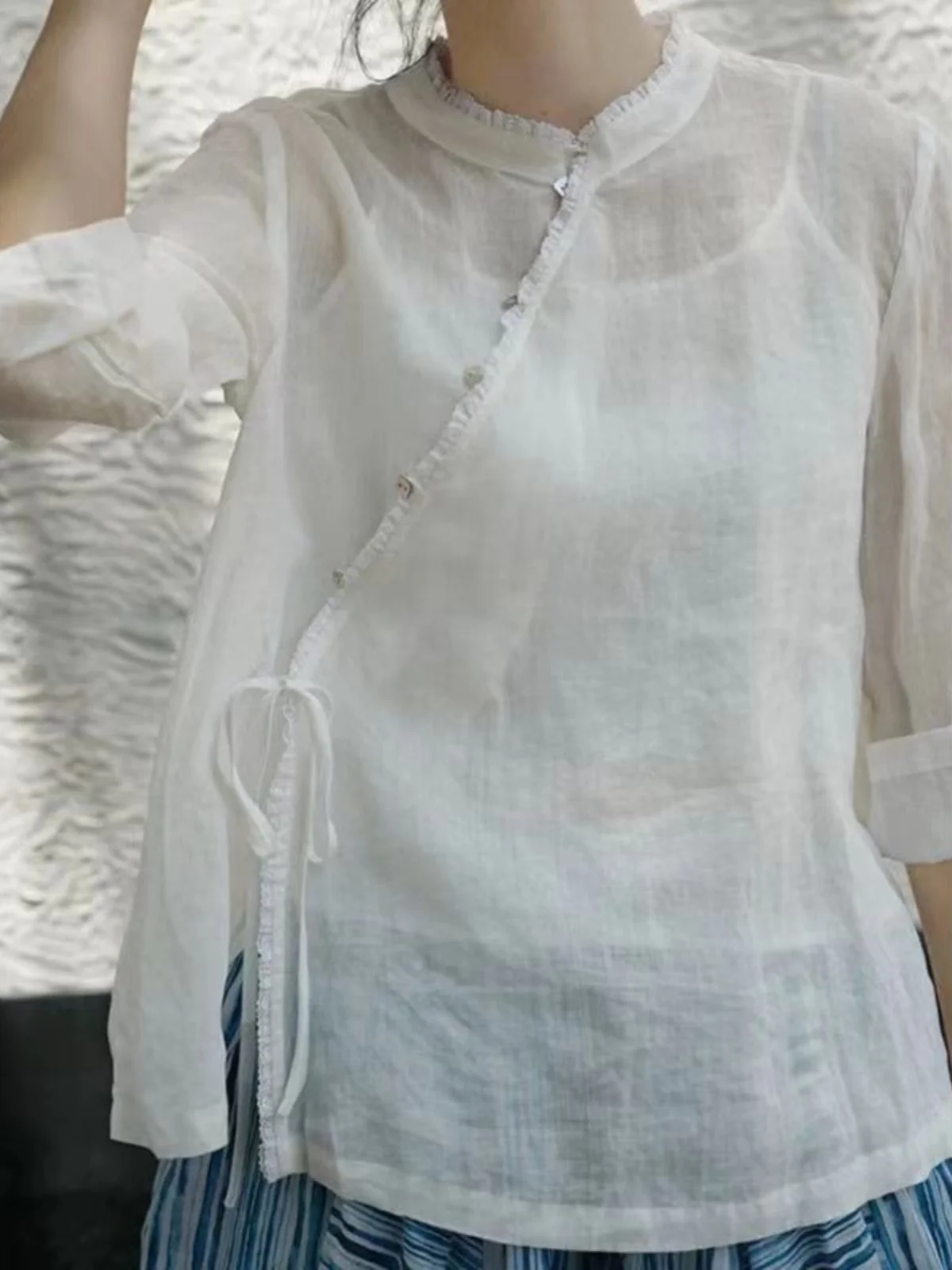 

New Chinese Zen Sle Long Sve Cotton Linen irt Women Early Autumn National Sle Splicing Lace Oblique Sve Tied Line...