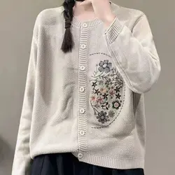 2023 New Autumn and Winter Fashion Retro Knitted Cardigan Long Sleeve Temperament Commuter Loose Embroidered Women's Sweater