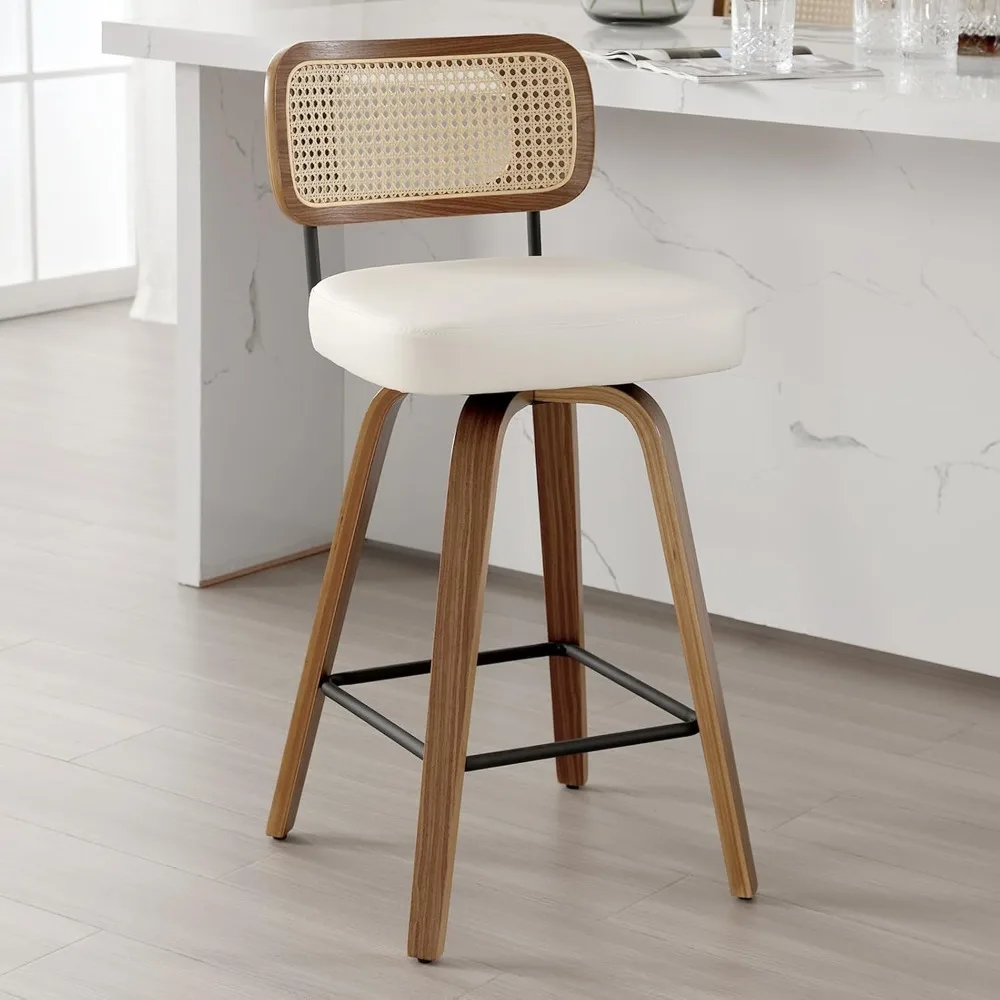 

Swivel Counter Height Bar Stools, Upholstered Faux Leather Barstools with Rattan Back, 26" Seat Height Bar Chairs for Kitchen Is