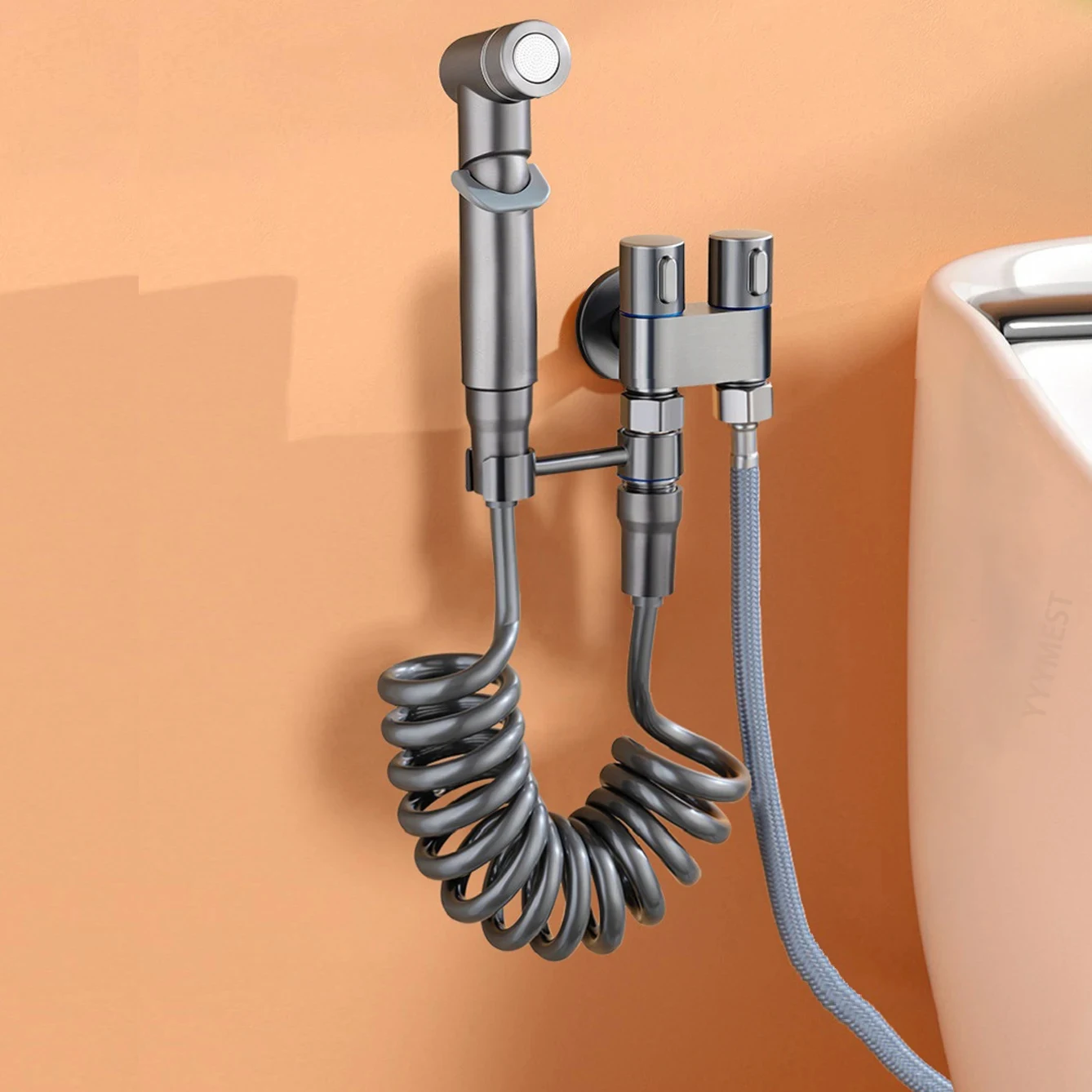 Hygienic Shower Toilet Bidet Sprayer Shower Head Double Outlet Angle Valve Wall-Mounted Double Outlet Bidet Toilet Accessories