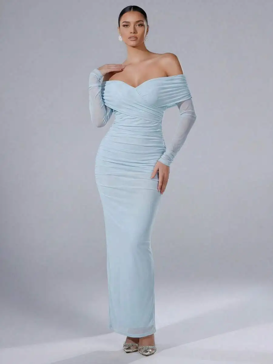 

Elegant Ruched Off Shoulder Bodycon Long Dress With Side Slit Stretch Net Fabric For Party Cocktail Wedding