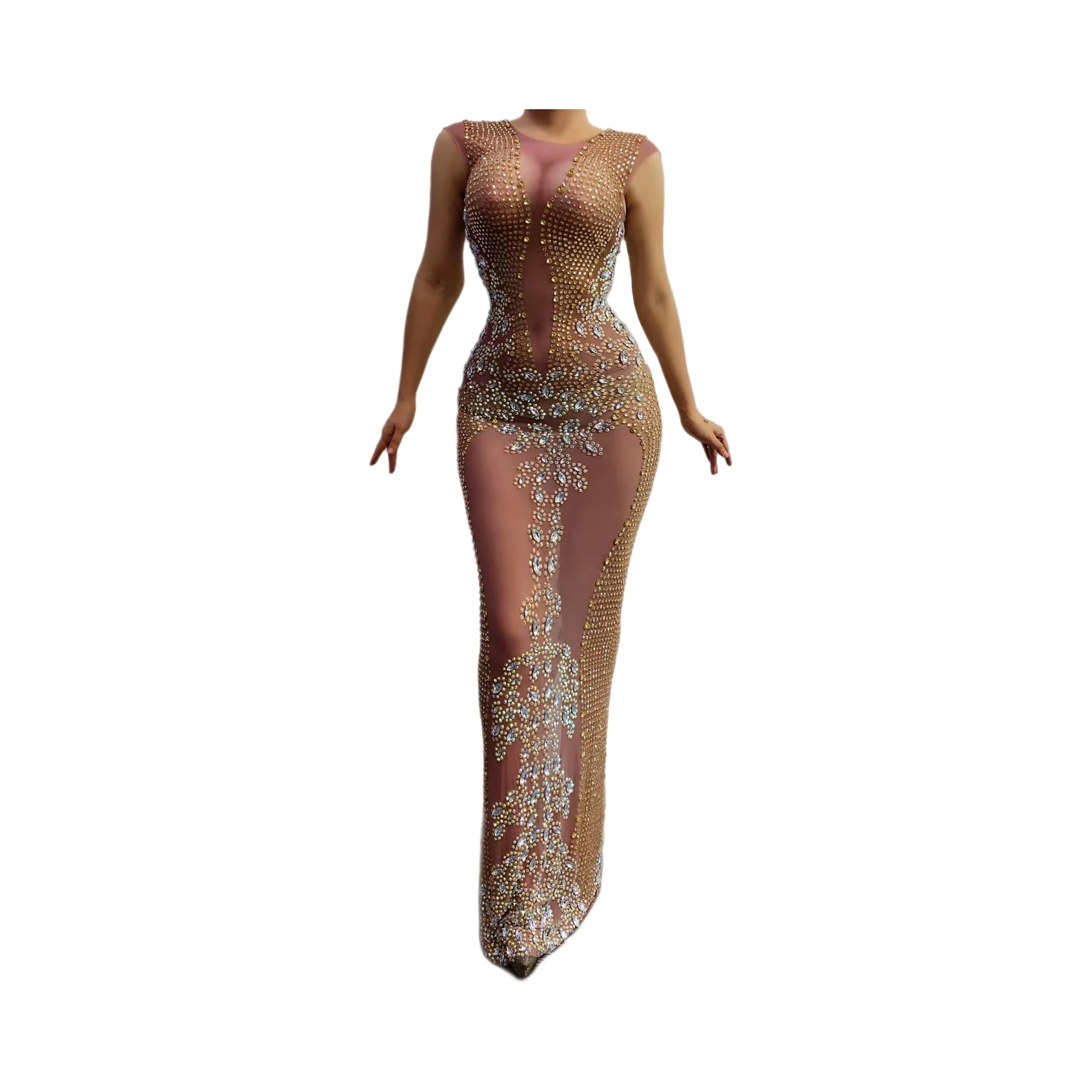 Robe longue transparente en maille avec strass dorés scintillants pour femmes, tenue de fête d'anniversaire, tenue de chanteur, Bar, soirée, bal, A082
