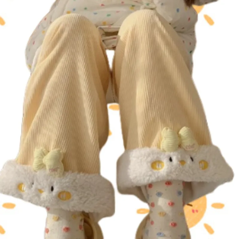 Kawaii Fluffy Pants Women Cartoon Animal Ears Decoration Casual Trousers Y2K Sweet Aesthetic Harajuku Subculture Autumn Pants