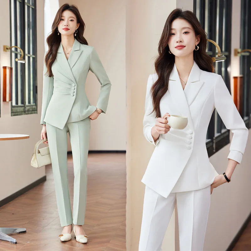 White women's business suit, professional formal wear for spring and autumn, elegant and sophisticated work attire, slim-fit bla