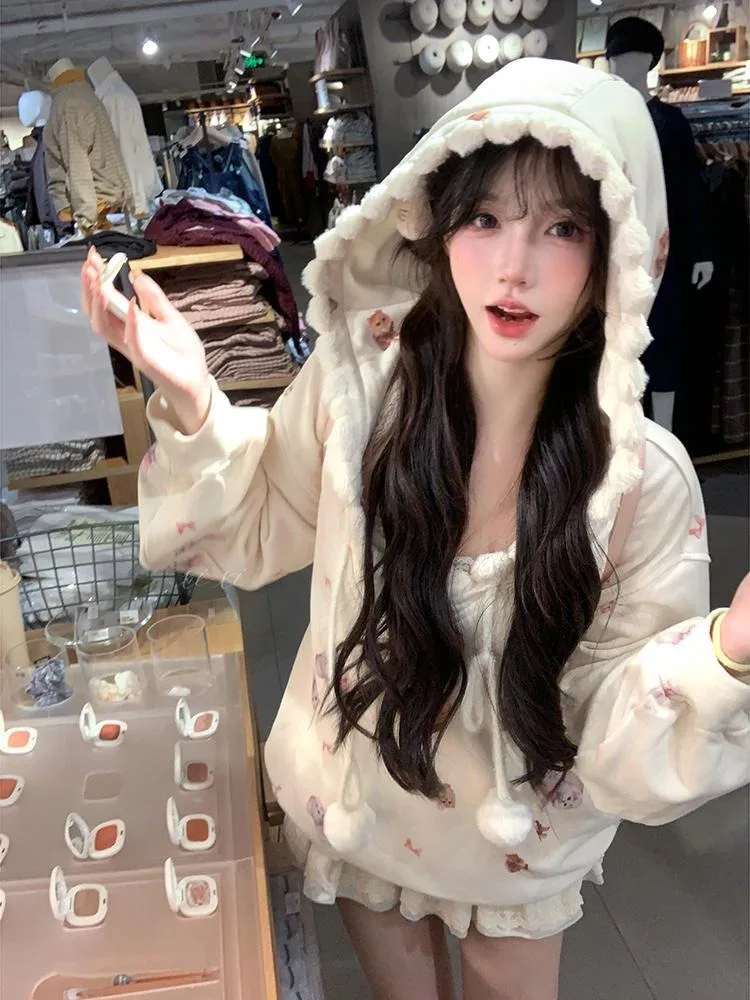 

Cute Sweet Cat Print Hoodie Coat Women 2025 Autumn New Mid-length Loose Tops Y2k Long Sleeve All-match Sweatshirt Mujer