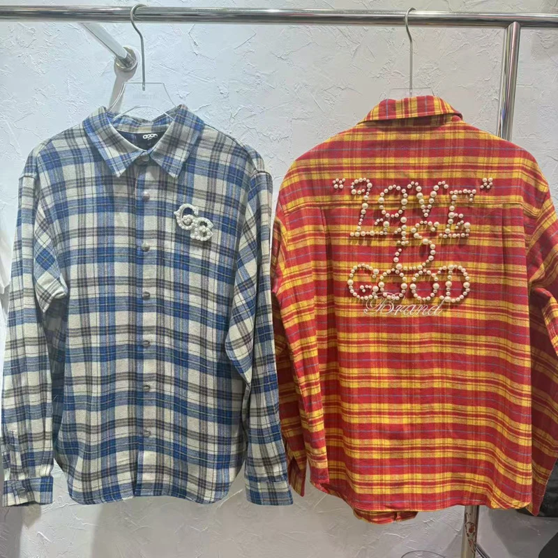 

Autumn New Goodbrand Long Sleeved Plaid Shirt Pearl Embroidered Letter Men Women Streetwear GOODBRAND Cardigan Tops