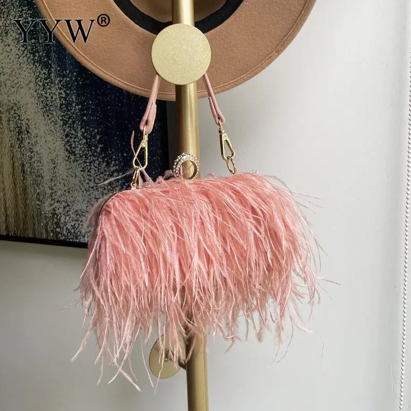 Luxury Ostrich Feather Evening Bags For Women 2023 Female Chain Shoulder Crossbody Bag Tassel Party Clutch Purse Wedding Handbag