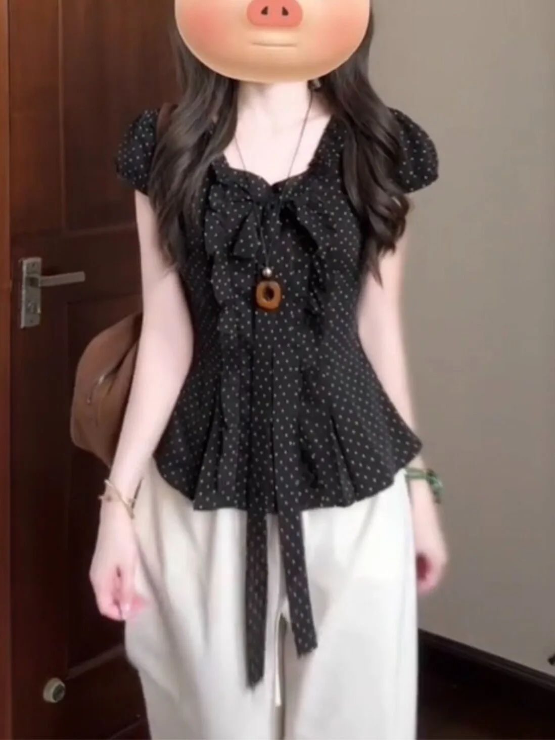 

Korean Polka Dot Knot Short Sleeve Women's Shirt Summer Design Slim Fit Waist Cinched Sweet Spicy Girl Top