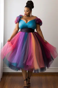 Geplooide A-Lijn Plus Size Prom Elegante Multicolor Gradiënt Lente Zomer Wikkel Hals Tule Midi Jurken Avond Cocktail Jurken