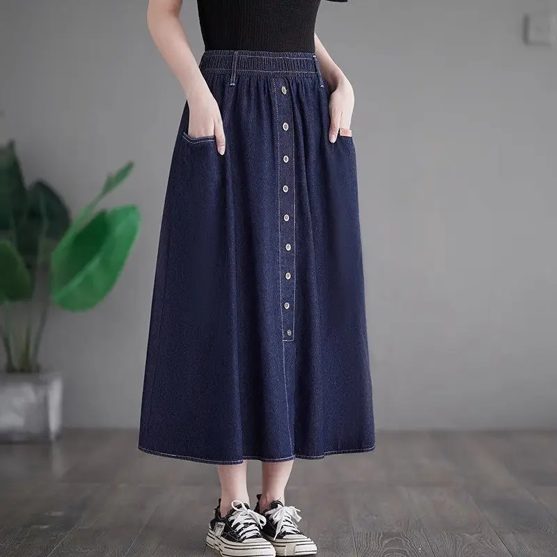 

Early Autumn High Waist Slim Denim Skirt Women's Fashion Single Breasted Trendy Mid Length Blue Jeans Saias Mujer Faldas Z2628