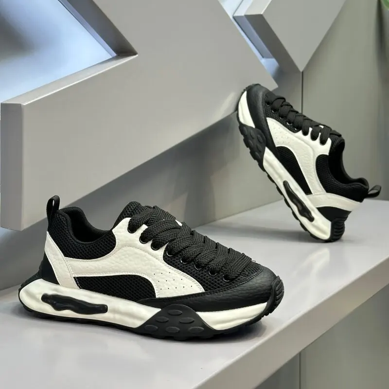 Men's Summer Breathable Trendy Versatile Casual White Sneakers for Teenagers Non-Slip Sports Thick-Soled Black Walking Shoe
