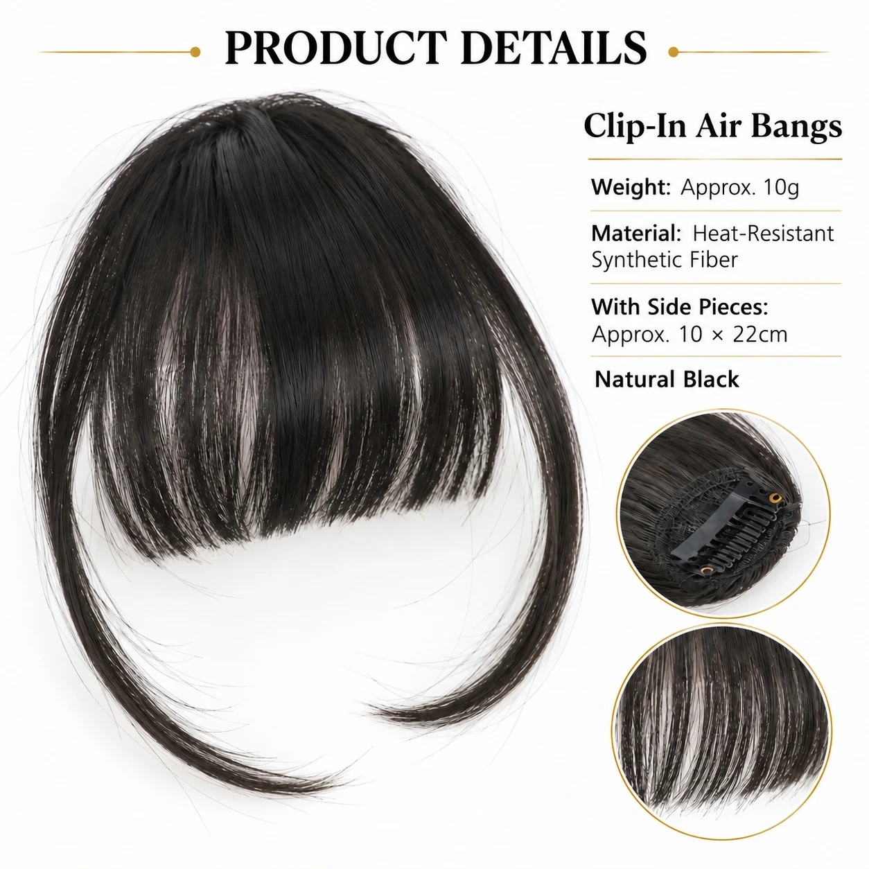 Clip In Air Bangs 10g Lightweight Feathery with Side Temples, No Glue Heat Friendly Synthetic Face Slimming Extensions, Undetect