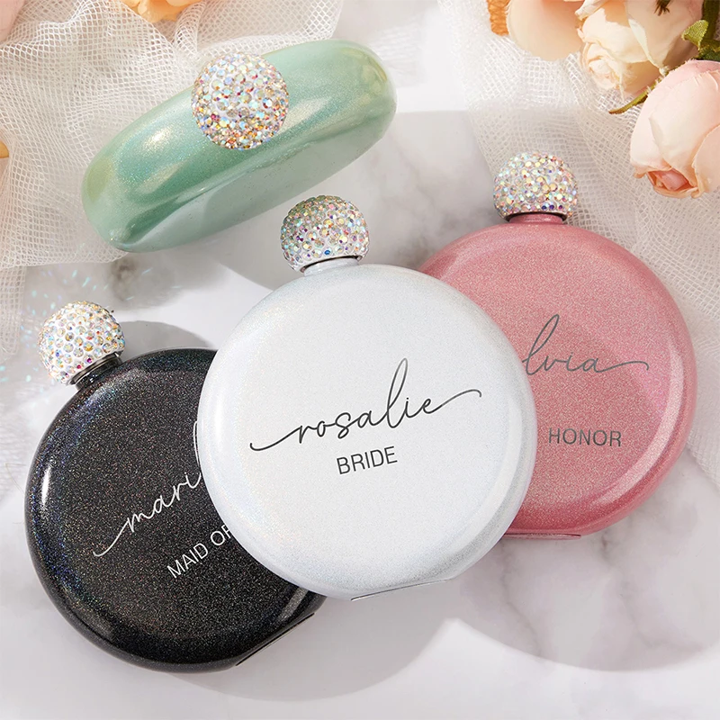 

Personalise Bridesmaids Premium Round Flask Stainless Stylish Wedding Party Gifts for Her Sparkling Engraved Name Women's Flask