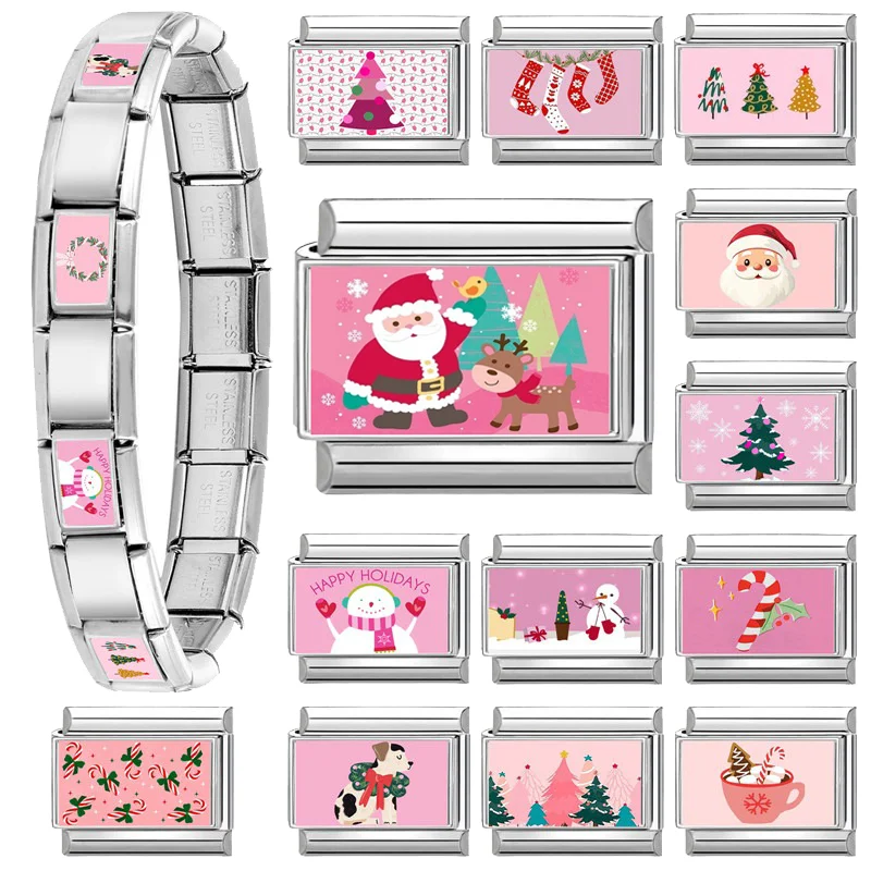 2025 Original Pink Christmas Tree Snowman Xmas Elk Wreath Sock Santa Claus Italian Charm Fit9mm Stainless Steel Bracelet Jewelry