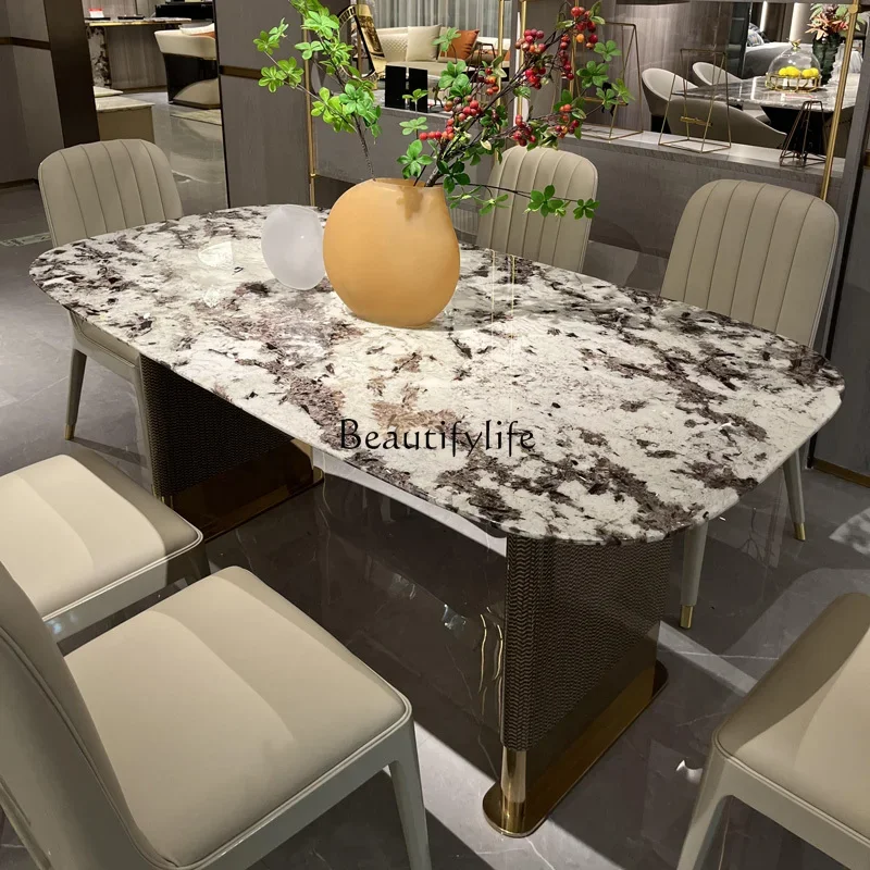 

Italian light luxury solid wood marble surface dining table and chair combination villa suite dining room furniture