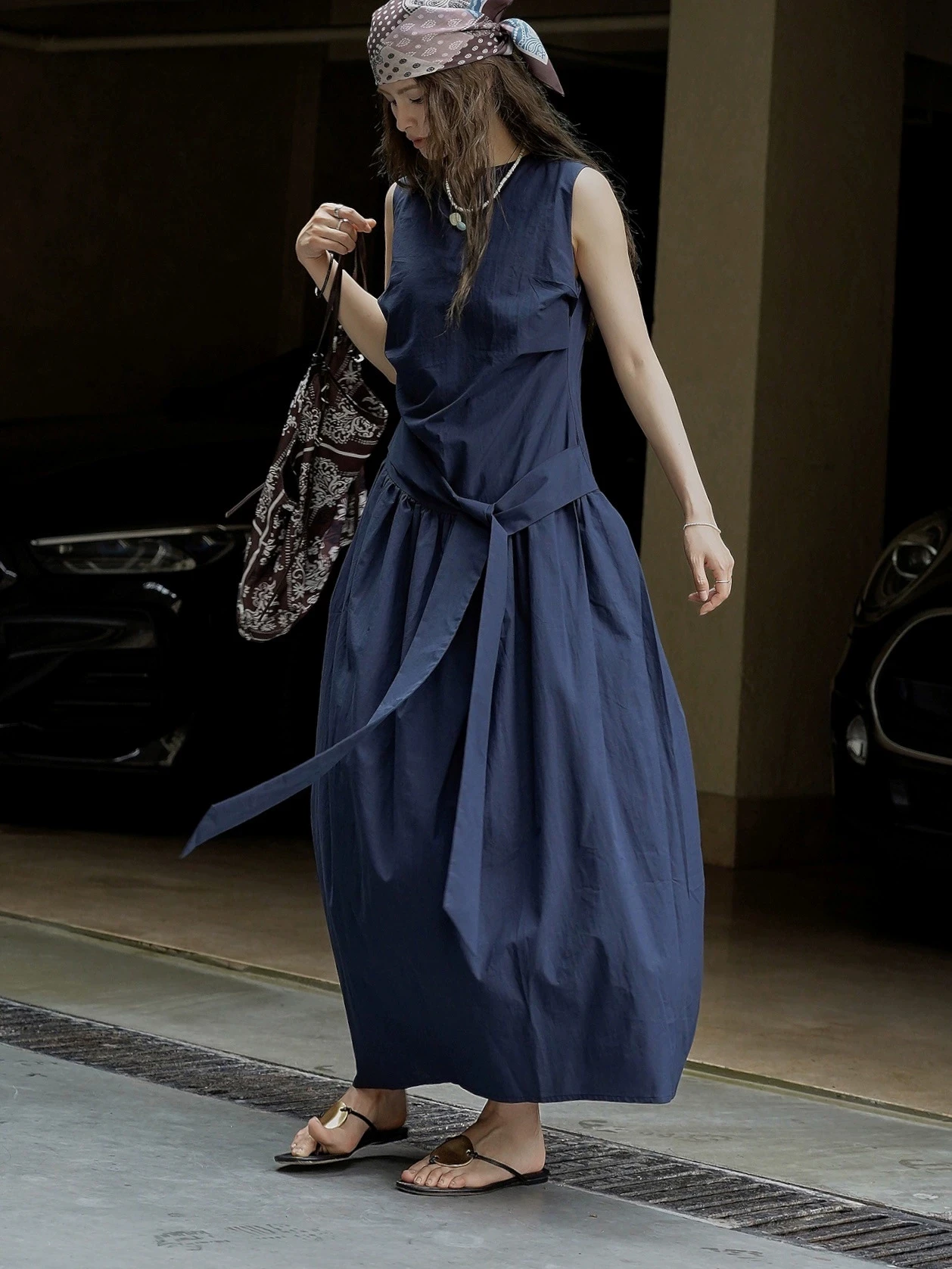 

Summer new Korean lazy temperament three-dimensional pleated strap vest dress light breathable long skirt-GZXX221