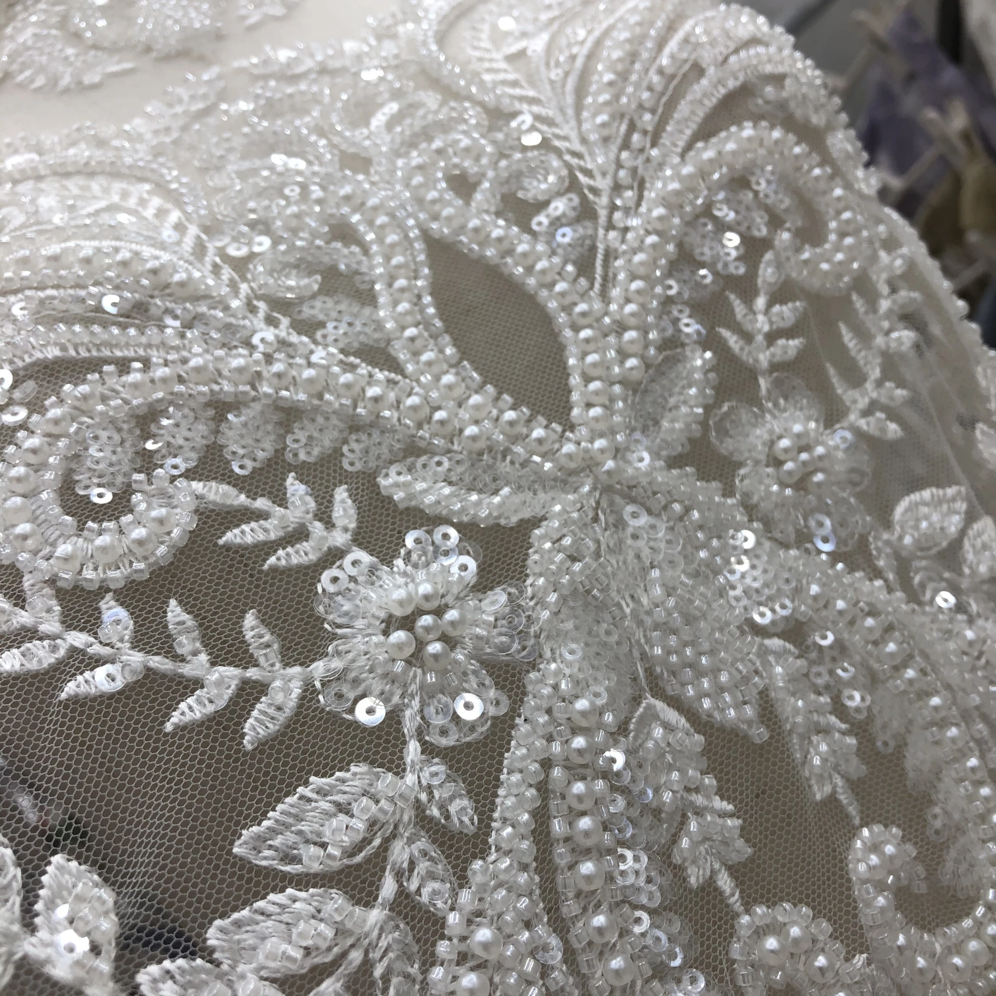 Luxury High-Quality Sequin Beads Embroidered Lace Fabric Suitable For Private Custom Wedding Dresses