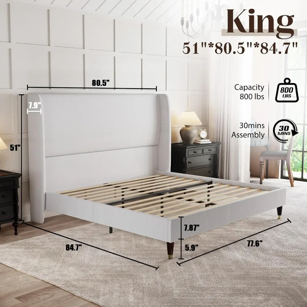 

Каркас кровати King Platform 51,2 дюйма, высокая мягкая кровать с высоким изголовьем/пружина коробки не требуется/опора деревянных планок/простая сборка, белый