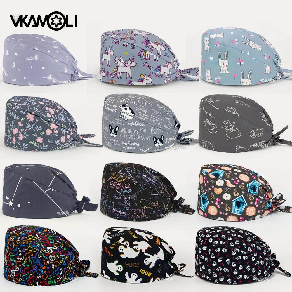 Multicolor printing Surgicals caps adjustable cotton scrub cap beautician accessories Tie back Elastic beauty salon work hat