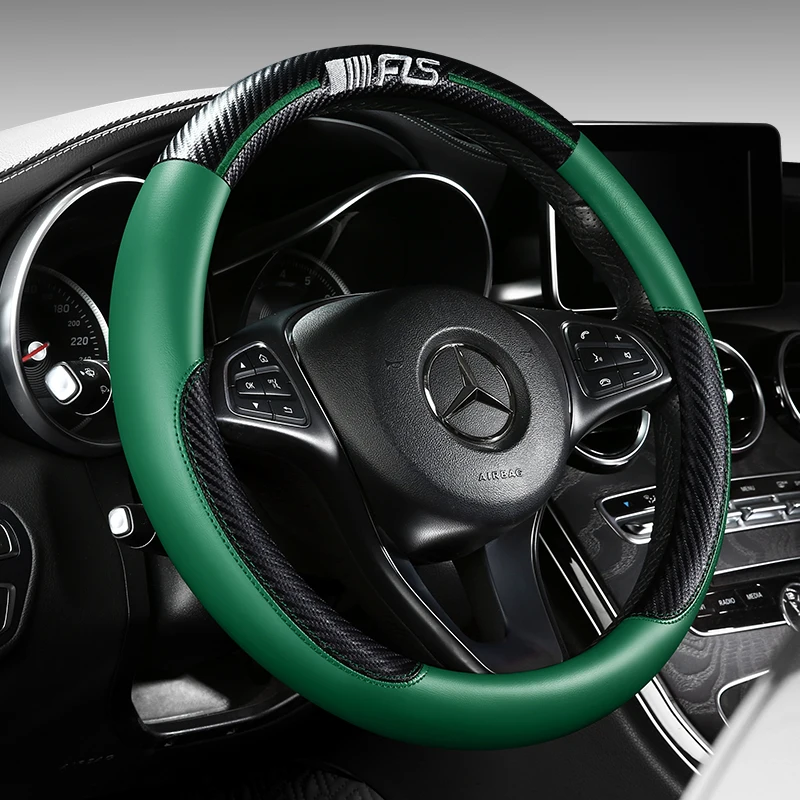 New Carbon Fiber Leather Steering Wheel Cover Durable Leather Cover with Anti-slip Linning Universal 14.5-15in