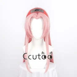 Haruno Sakura Cosplay Wig Pink Long Synthetic Hair Styled Anime Wig with Red Headwear + Free Wig Cap