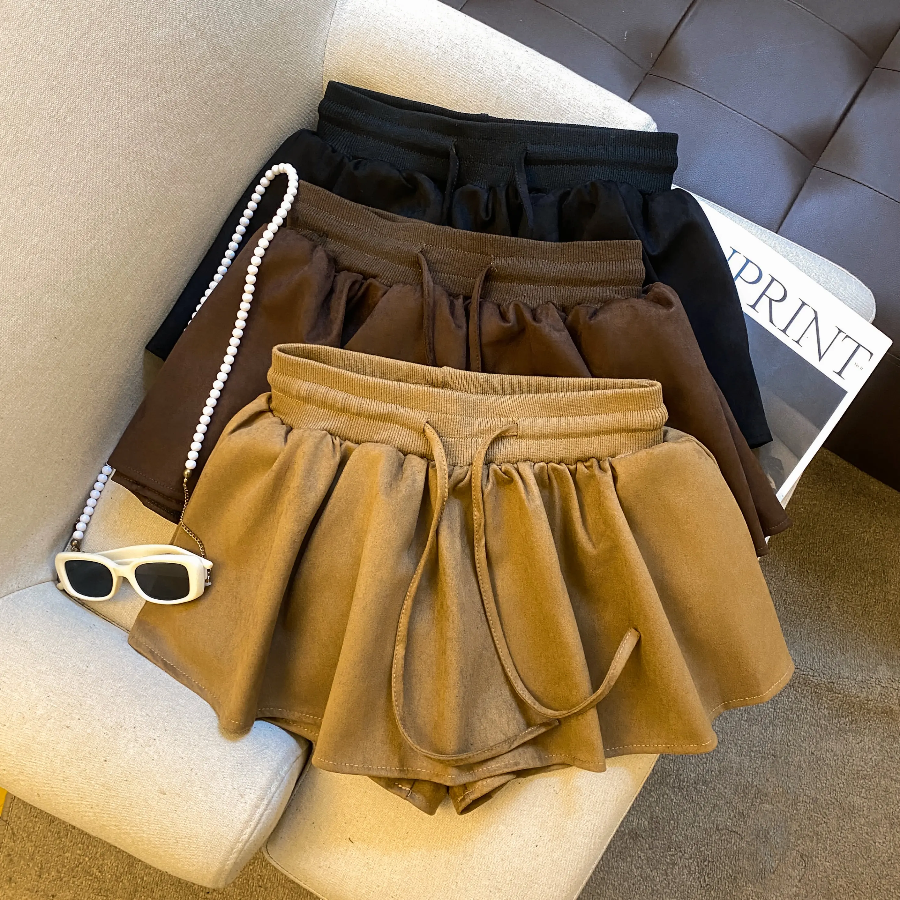 

Women's Autumn Winter Chic Elastic Drawstring Waist A Line Mini Skirt Lady Streetwear Solid Color Suede Short Skirt