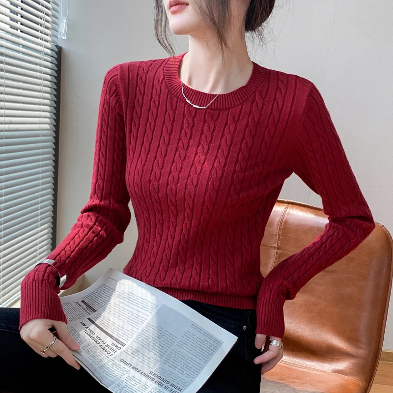 Czarny sweter damski z okrągłym dekoltem, dzianinowy, dopasowany, z długim rękawem, nowy model, bluzki damskie, swetry Q2354