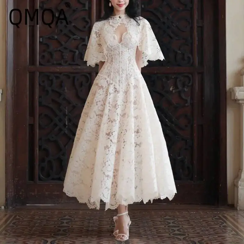 QMQA Fashion Women's Evening Dresses Embroidered Lace High Waist Slimming Spliced Shawl Elegant Dress 2026 Female New QM1185