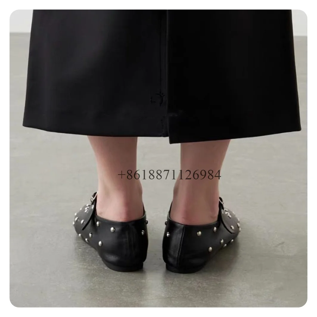 Soild Sqaure Toe Women Fashion Show Pumps Shoes With Rivet Chunky Low Heels Buckle Strap Design Large Size Ballet Shoes