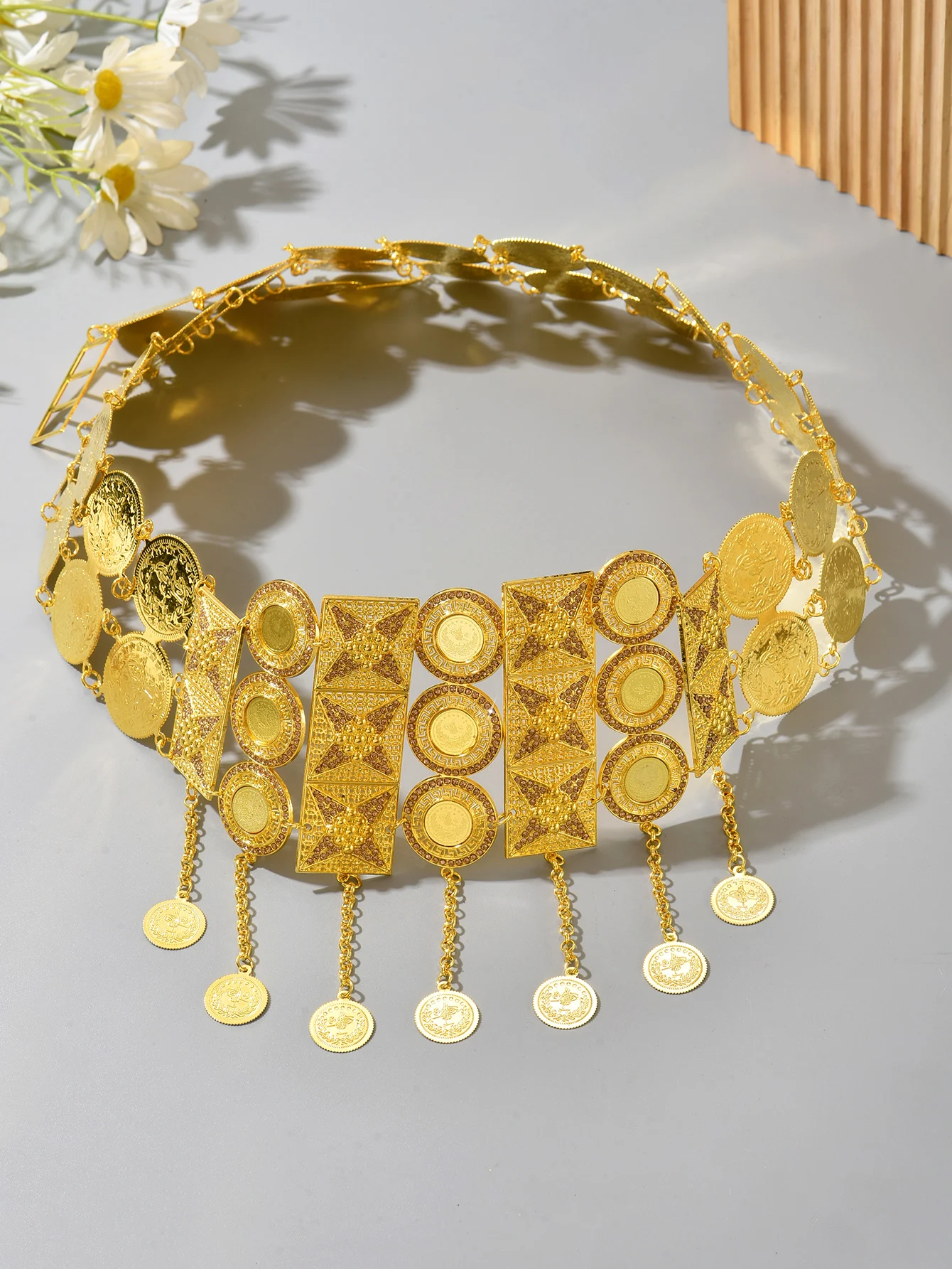 Gold Plated Waist Chain with Embedded Tassel Vintage Middle Eastern Design for Long Dress Party Gown Belt Accessory