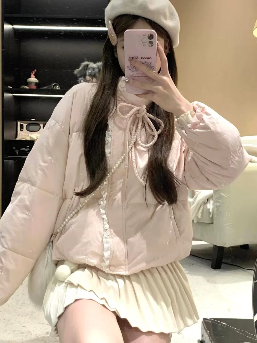 

Милое розовое пуховое хлопковое пальто с вышивкой, женское осенне-зимнее свободное универсальное хлопковое пальто размера плюс