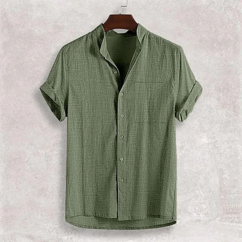 

Luxury And Fashionable Men's Cotton And Linen Collar Short Sleeved Solid Shirt Casual Cardigan Men's Top Shirt Camisas Masculina