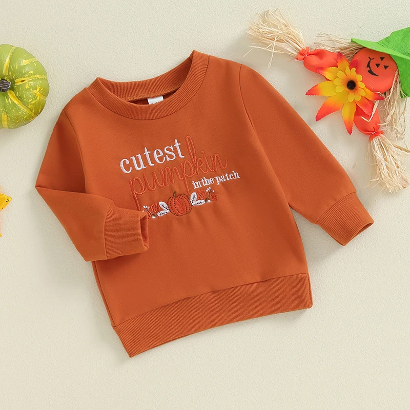 Toddler Autumn Tops Baby Girl Boy Halloween Sweatshirts Cute Pumpkin Embroidery O Neck Fall Pullovers Hoodies