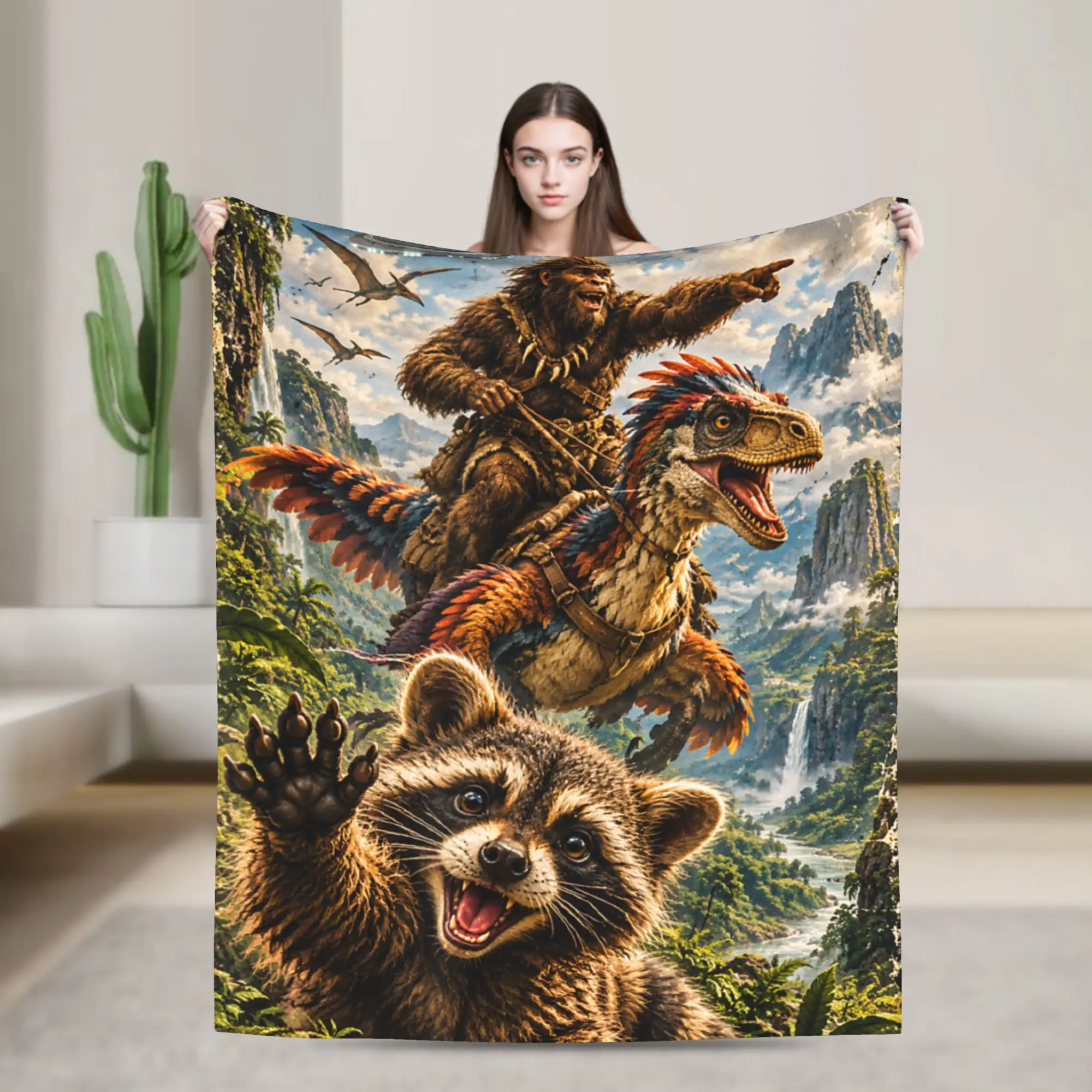 Funny Bigfoot Ride Dinosaur Raccoon Blanket Cozy Soft  Throw Blankets for Couch 50x60 Inch Multiple Sizes Rug Piece