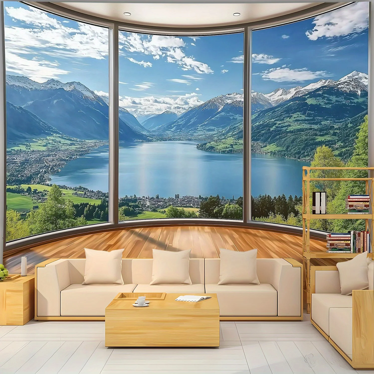Panoramic Alpine Retreat Wall Tapestry for Modern Living Room Decor, Featuring a Stunning View of Snow-Capped Mountains