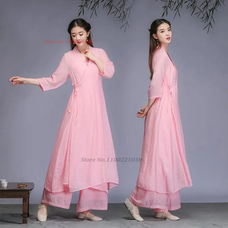 Setelan baju + celana tradisional Cina, 2025 atasan hanfu + Celana set vintage zen setelan retro sifon layanan teh hanfu set seragam yoga kungfu