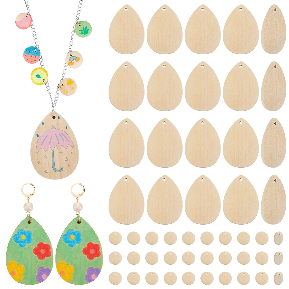 60Pcs 2 Styles Wooden Boho Earring Pendants Teardrop and Flat Round Charms Earring Blanks Wood Dangle Pendants
