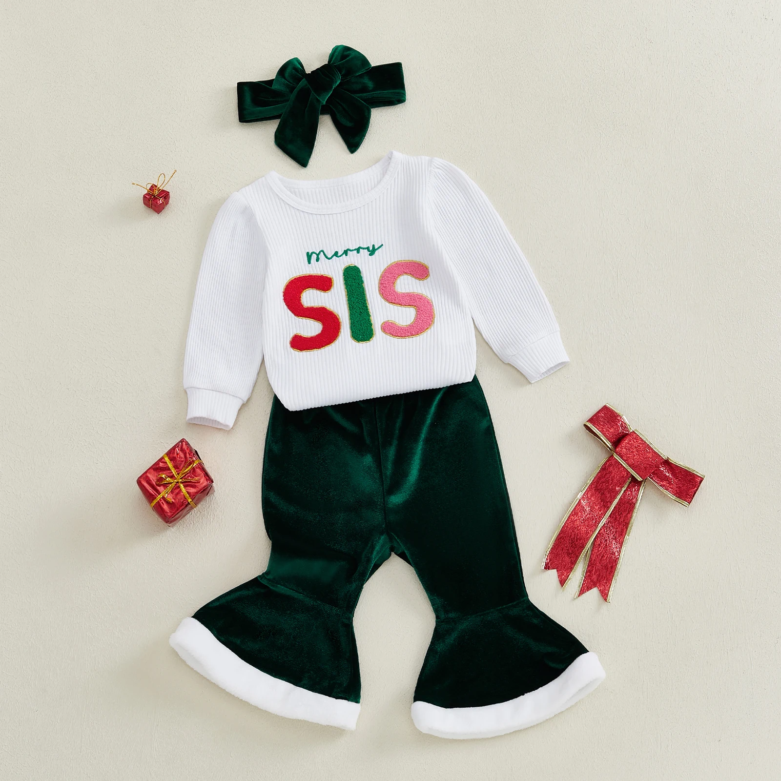 Kleinkind Baby Mädchen Weihnachten Outfits Nette Lange Hülsenspielanzug und Samt Flare Hosen Stirnband 3PCS Sets Neugeborene Kleidung