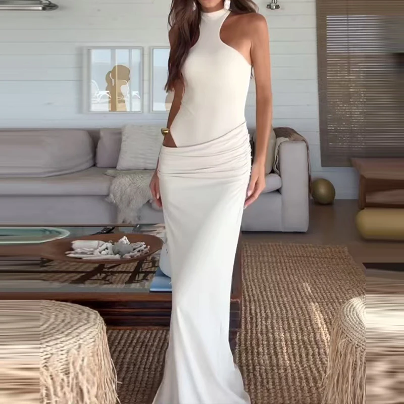 Fashion Hight Waist Draped Party Dress Elegant O Neck Hollow Out Slim  Wrap Hip Dress Women Casual Sleeveless Solid Long Dresses