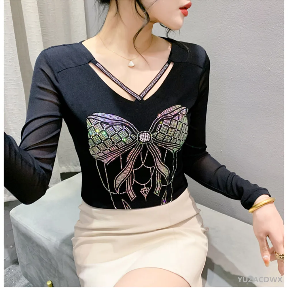 Sexy Rhinestone Decor Tee Women Tops See Through Contrast Mesh Long Sleeve Top Black Vintage T Shirts Female Clothes