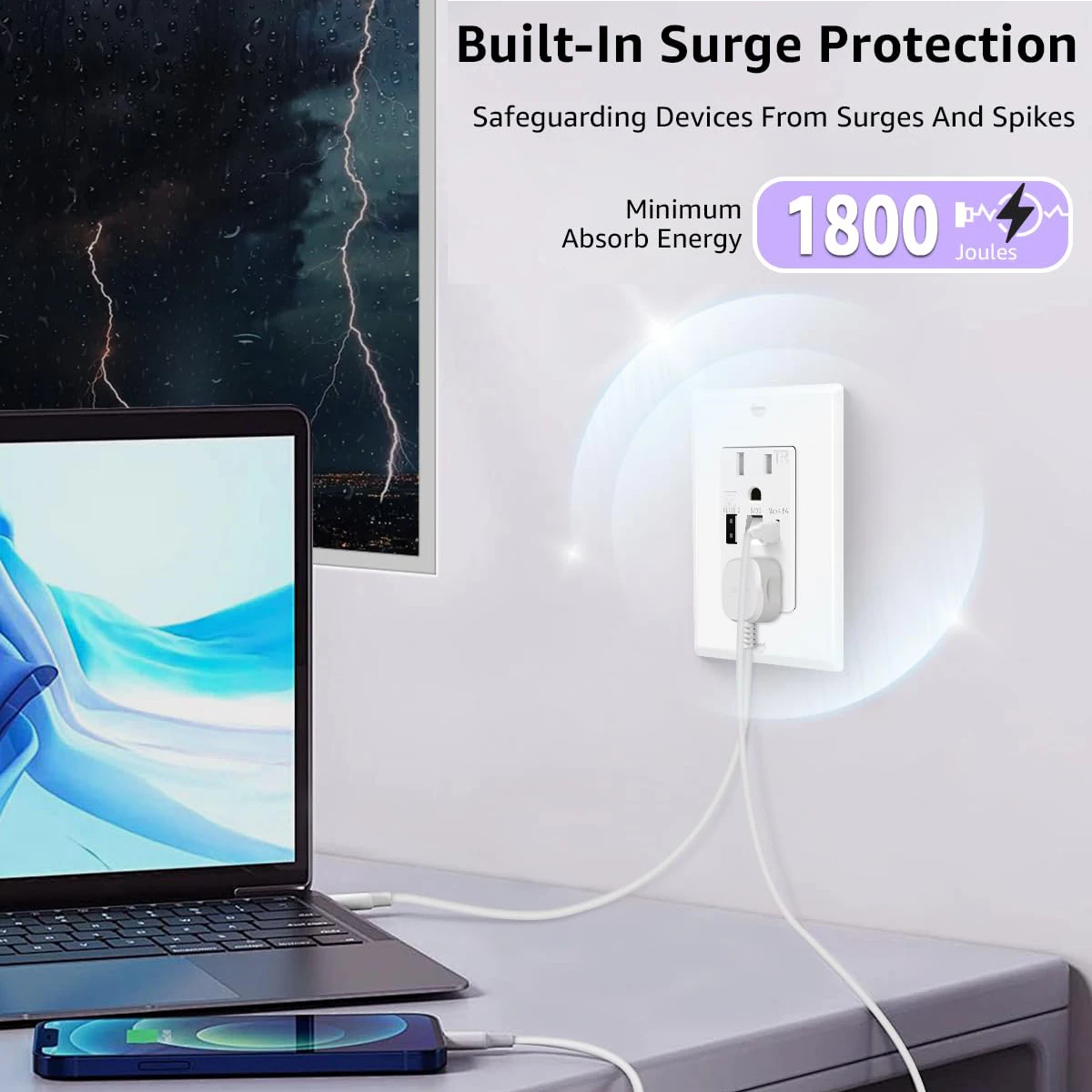 LED Night Light Outlet with 24W USB C+A Fast Charging, 4.8A, On/Off Switch