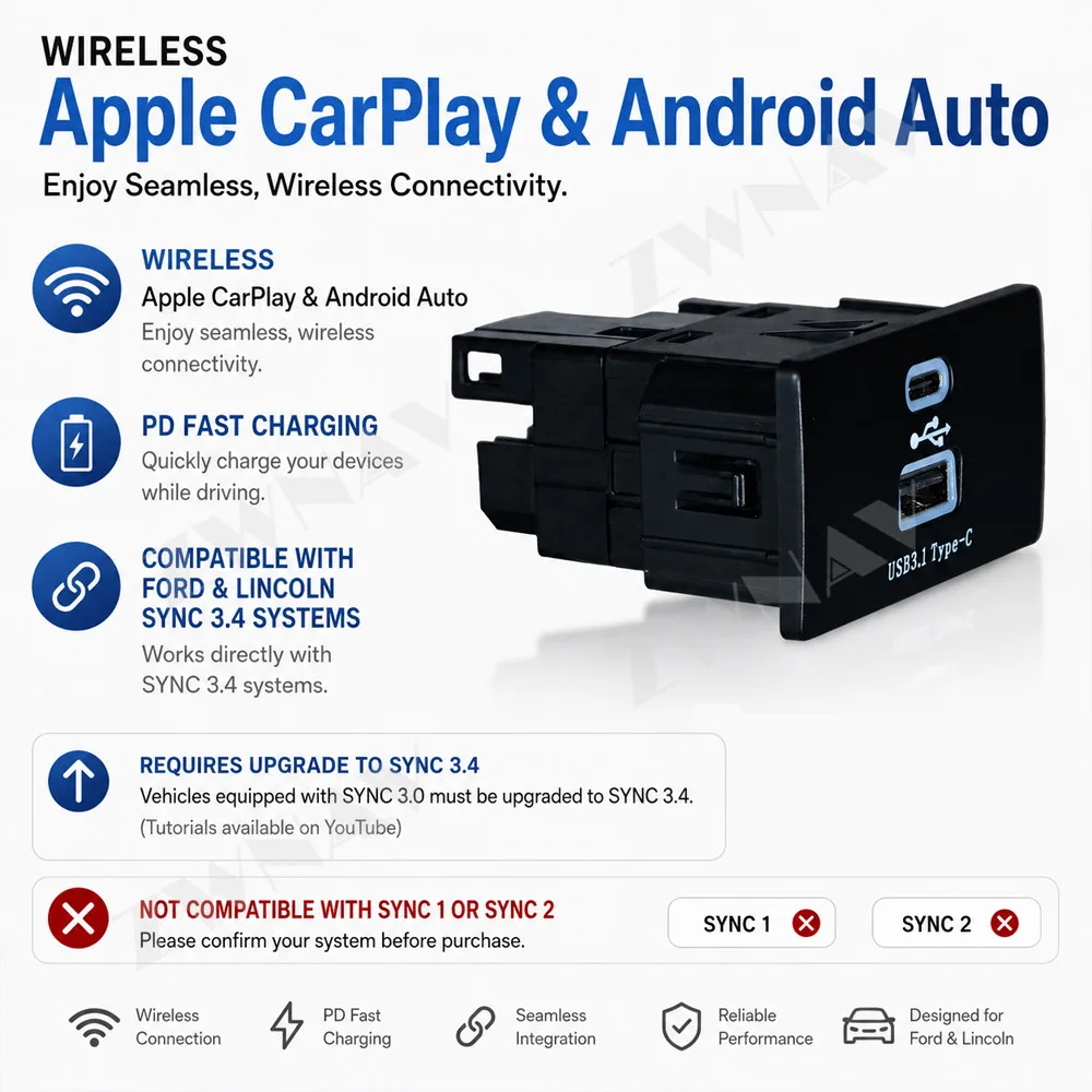 Wireless CarPlay Android Auto Adapter for Ford Lincoln SYNC 3.4 2016-2023 USB-C PD Fast Charge Plug & Play CarPlay Hub Update view 2