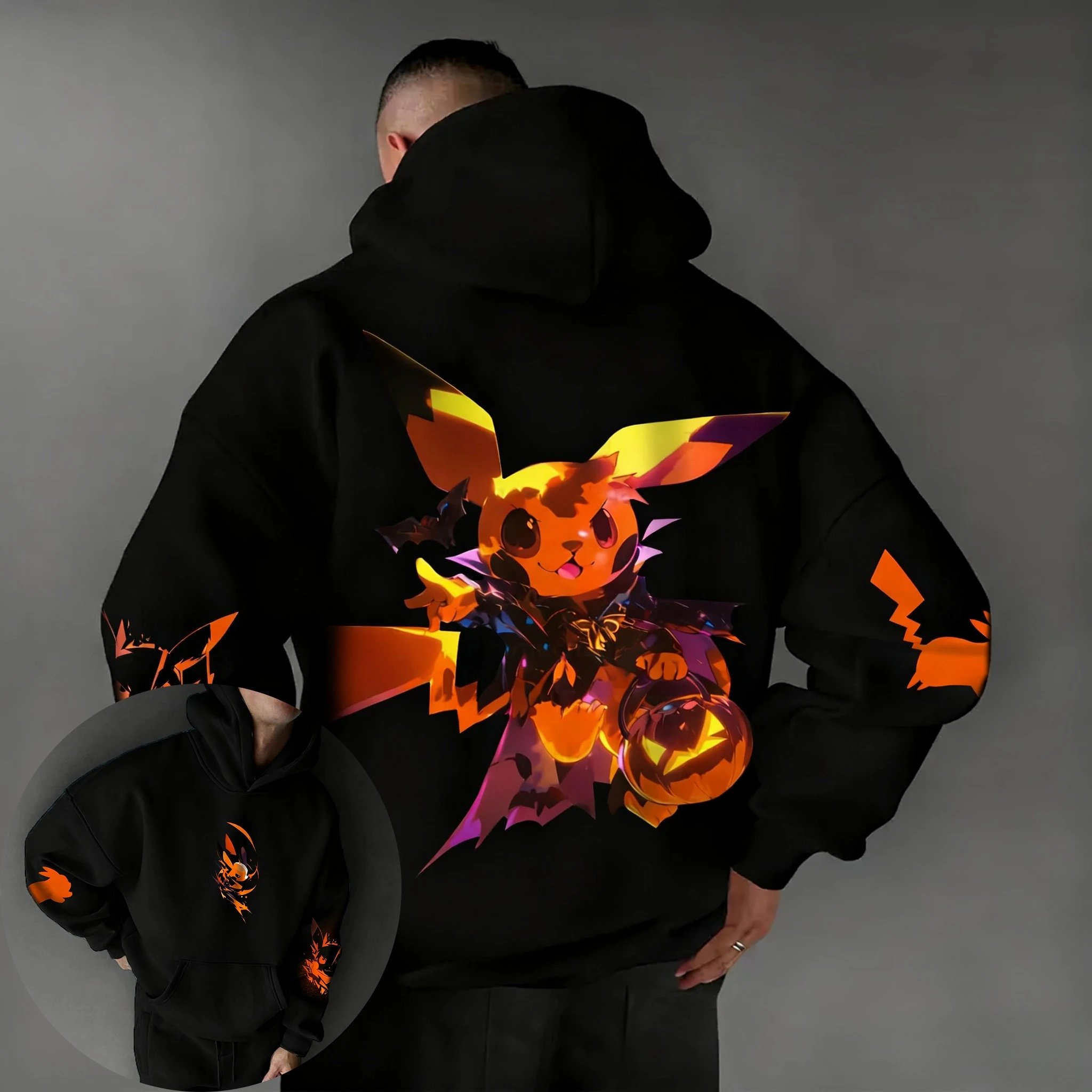 Hoodie Anime Pokémon Halloween 2025 Pria Musim Gugur/Dingin Baru Bermotif Kasual Hip Hop Ukuran Besar Longgar Sweater Atasan Orang Tua Anak