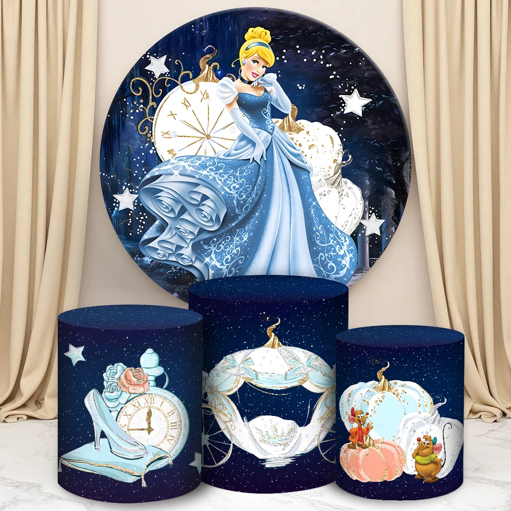 

Disney Cinderella Round Cylinder Backdrop Cover for Girl Birthday Party Cylindrical Cake Table Cover Party Photograph Decoration