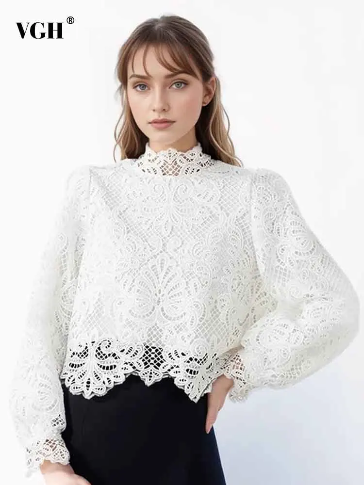 

VGH Patchwork Lace Casual Shirt For Women Stand Collar Lantern Sleeve Spliced Zipper Minimalist Irregular Hem Blouse Female New