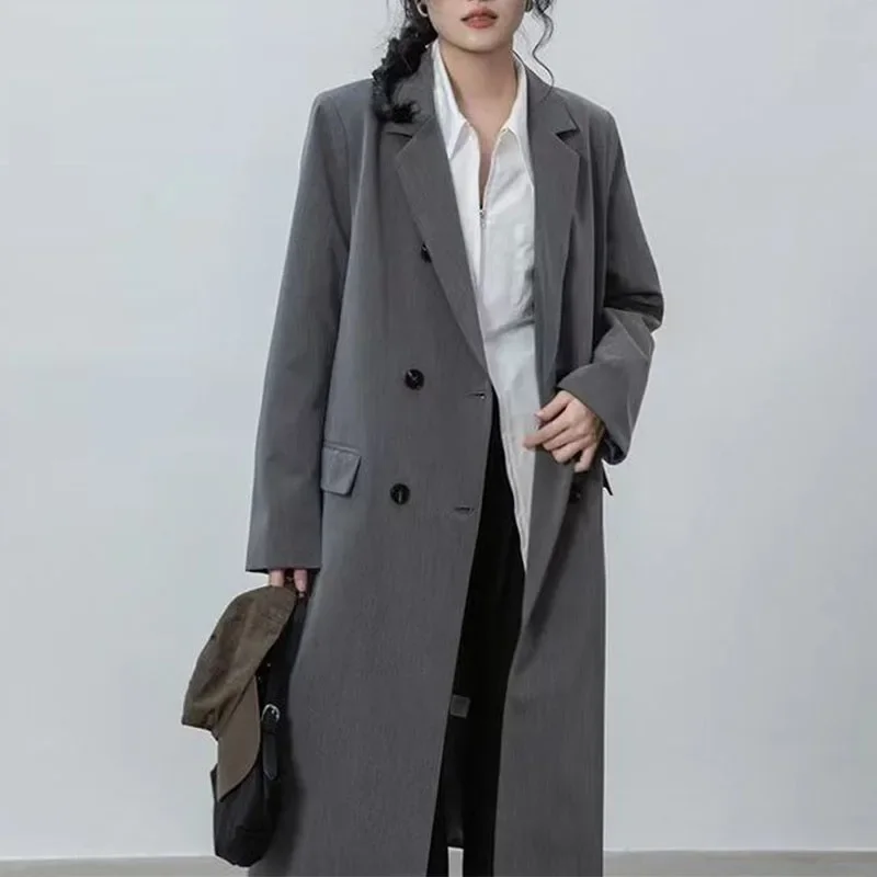 

Women Spring Autumn Solid Color Suit Collar Long Sleeve Double Breasted Cardigans High Street Long Trench Coats